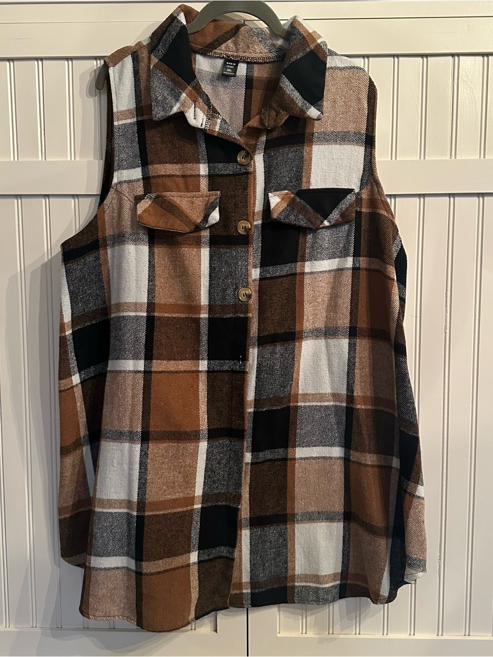 SHEIN Curve Brown Black Cream Plaid Flannel Long Top Size 3XL